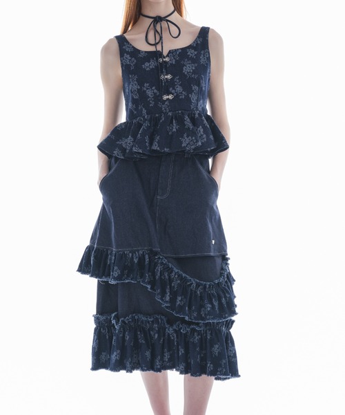 damage frill denim skirt／花柄ジャガードフリルスカート damage frill denim skirt／花柄ジャガードフリルデザイン