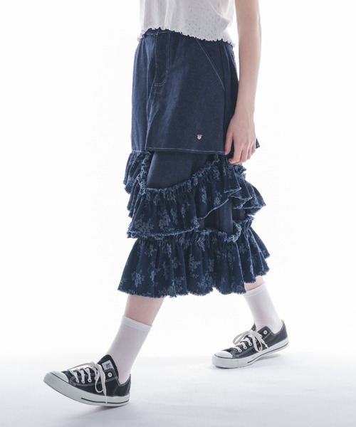 damage frill denim skirt／花柄ジャガードフリルデザイン