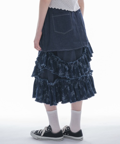damage frill denim skirt／花柄ジャガードフリルスカート damage frill denim skirt／花柄ジャガードフリルデザイン