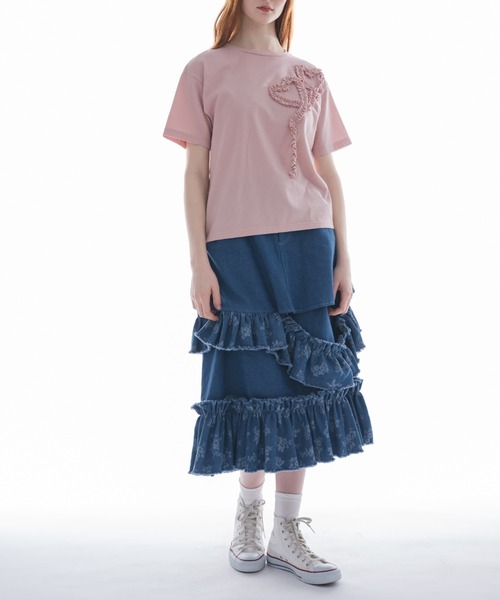 idem イデム　damage frill denim skirt セール】damage frill denim skirt／花柄ジャガードフリルデザイン