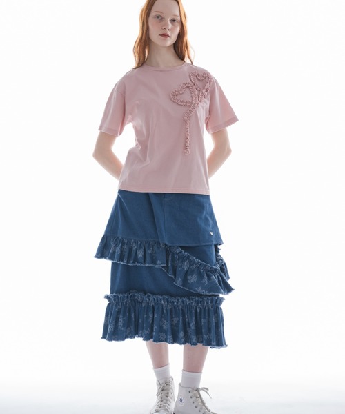 damage frill denim skirt／花柄ジャガードフリルスカート damage frill denim skirt／花柄ジャガードフリルデザイン