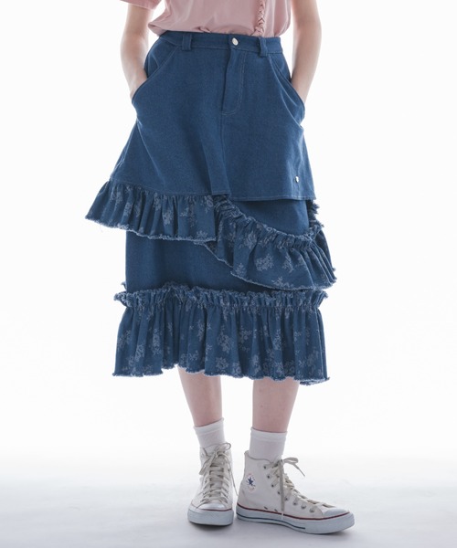 damage frill denim skirt／花柄ジャガードフリルスカート damage frill denim skirt／花柄ジャガードフリルデザイン