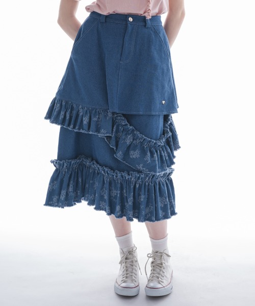damage frill denim skirt／花柄ジャガードフリルスカート damage frill denim skirt／花柄ジャガードフリルデザイン