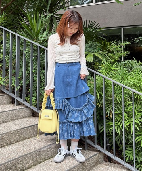 セール】damage frill denim skirt／花柄ジャガードフリルデザイン