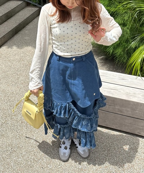 damage frill denim skirt／花柄ジャガードフリルデザインスカート