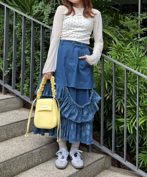 damage frill denim skirt／花柄ジャガードフリルデザインスカート