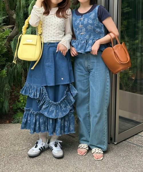 damage frill denim skirt／花柄ジャガードフリルデザインスカート