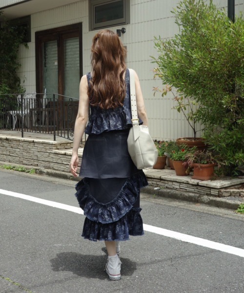 damage frill denim skirt／花柄ジャガードフリルスカート damage frill denim skirt／花柄ジャガードフリルデザイン