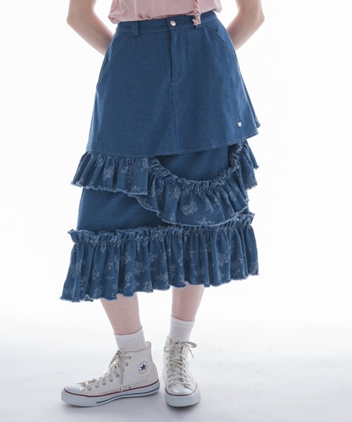 idem（イデム）の「damage frill denim skirt／花柄ジャガードフリルデザインスカート（デニムスカート・レディース・ブルー/ネイビー・FREE）」の3枚目の写真