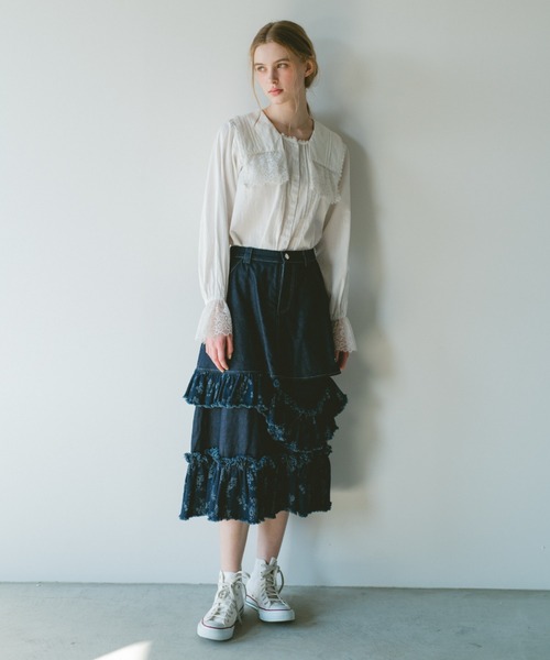 idem フリルデザインスカート damage frill denim skirt／花柄ジャガードフリルデザインスカート