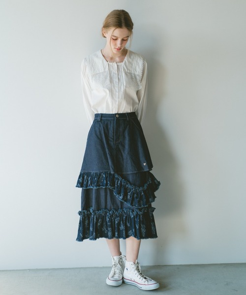 damage frill denim skirt／花柄ジャガードフリルデザインスカート