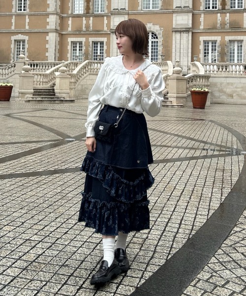 スカート idem damage frill denim skirt damage frill denim skirt／花柄ジャガードフリルデザインスカート