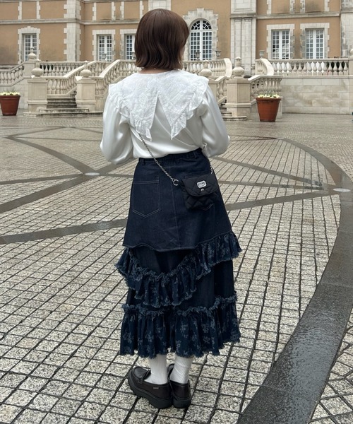 damage frill denim skirt／花柄ジャガードフリルデザインスカート