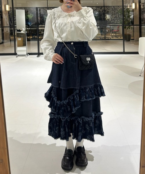 idem フリルデザインスカート damage frill denim skirt／花柄ジャガードフリルデザインスカート