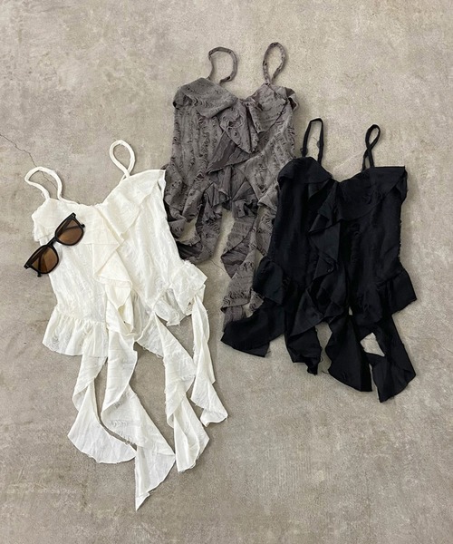 non-hedge（ノンヘッジ）の「ダメージフリルアシメキャミソール（キャミソール・レディース・アイボリー/ブラック/チャコールグレー・FREE）」の6枚目の写真