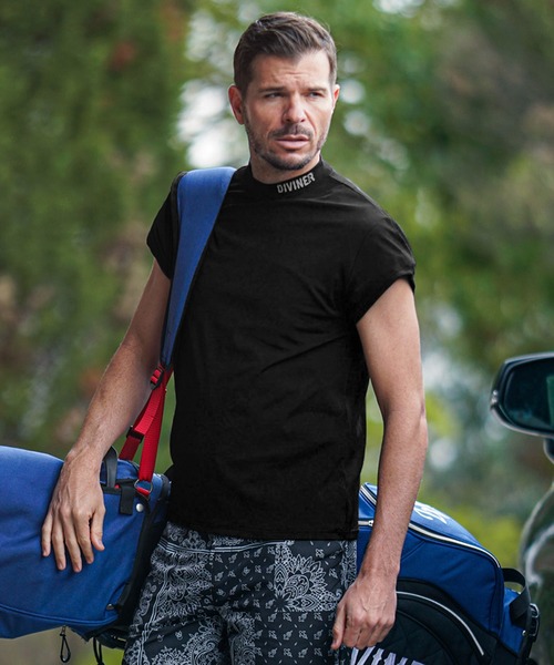 DIVINER GOLF(ディバイナー ゴルフ)の「【DIVINER GOLF】攻め袖 モックネックTシャツ メンズ ゴルフウェア ショートスリーブ 襟付き 春服(ゴルフグッズ・メンズ・ホワイト×ブラック/ブラック×ブラック/ブラック×ホワイト・M/L/XL/XXL)」の2枚目の写真