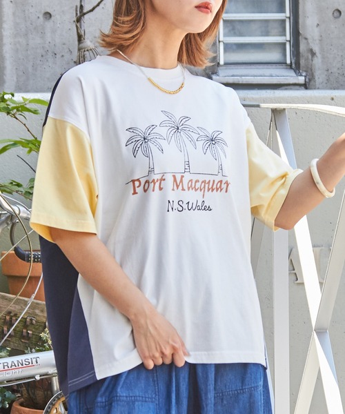 CUBE SUGAR(キューブシュガー)の「21/-シルケット風天竺接触冷感裾タックTシャツ(Tシャツ/カットソー・レディース・イエロー/ネイビー/ホワイト/ブルー/マルチ・M)」の5枚目の写真
