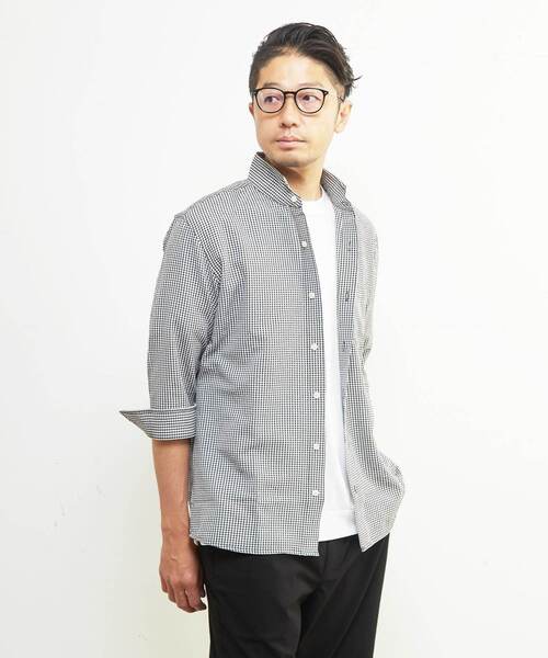 MEN'S MELROSE(メンズメルローズ)の「ドットエアー7分袖ワンピースカラーシャツ | 軽量 / ストレッチ / 吸水速乾(シャツ/ブラウス・メンズ・チェック/ネイビー/ホワイト・4/3/2)」の3枚目の写真