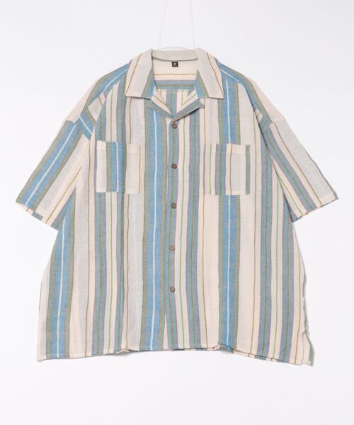 チャイハネ(チャイハネ)の「【チャイハネ】インド綿ストライプ織り デルアMEN'S開襟シャツ(シャツ/ブラウス・メンズ・オレンジ/グリーン/ホワイト・FREE)」の3枚目の写真