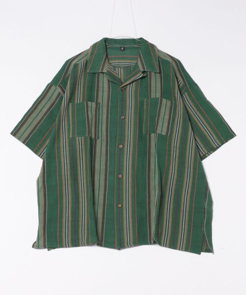 チャイハネ(チャイハネ)の「【チャイハネ】インド綿ストライプ織り デルアMEN'S開襟シャツ(シャツ/ブラウス・メンズ・オレンジ/グリーン/ホワイト・FREE)」の1枚目の写真