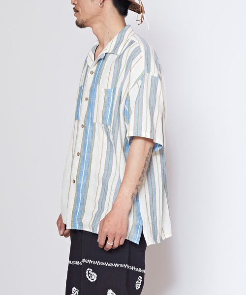 チャイハネ(チャイハネ)の「【チャイハネ】インド綿ストライプ織り デルアMEN'S開襟シャツ(シャツ/ブラウス・メンズ・オレンジ/グリーン/ホワイト・FREE)」の9枚目の写真