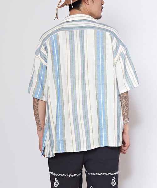 チャイハネ(チャイハネ)の「【チャイハネ】インド綿ストライプ織り デルアMEN'S開襟シャツ(シャツ/ブラウス・メンズ・オレンジ/グリーン/ホワイト・FREE)」の8枚目の写真