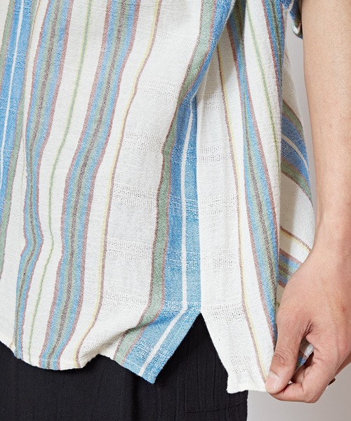 チャイハネ(チャイハネ)の「【チャイハネ】インド綿ストライプ織り デルアMEN'S開襟シャツ(シャツ/ブラウス・メンズ・オレンジ/グリーン/ホワイト・FREE)」の6枚目の写真