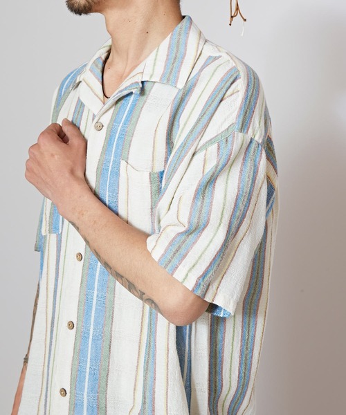 チャイハネ(チャイハネ)の「【チャイハネ】インド綿ストライプ織り デルアMEN'S開襟シャツ(シャツ/ブラウス・メンズ・オレンジ/グリーン/ホワイト・FREE)」の7枚目の写真