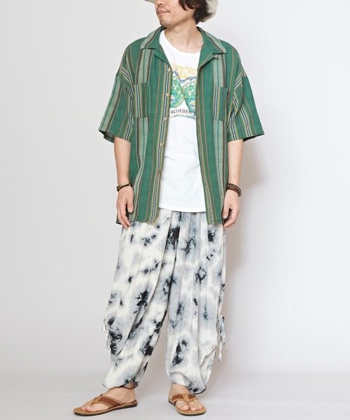 チャイハネ(チャイハネ)の「【チャイハネ】インド綿ストライプ織り デルアMEN'S開襟シャツ(シャツ/ブラウス・メンズ・オレンジ/グリーン/ホワイト・FREE)」の5枚目の写真