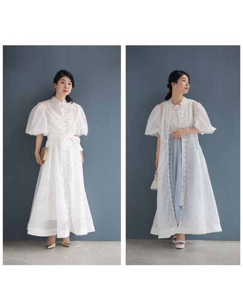 cawaii(カワイイ)の「ビジューの粒が降り注ぐふんわりバルーン袖シアーロングワンピース(インナー、リボン付き)(ワンピース・レディース・ホワイト・FREE)」の12枚目の写真