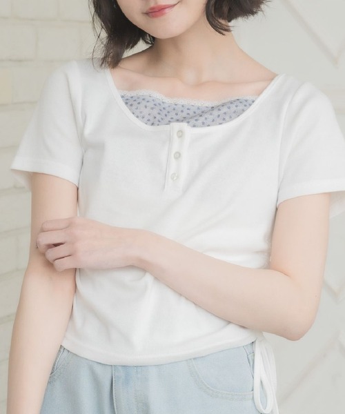 ems excite(エムズエキサイト)の「レイヤード風ドロストTEE(Tシャツ/カットソー・レディース・ピンク/ブルー/オフホワイト・FREE)」の1枚目の写真