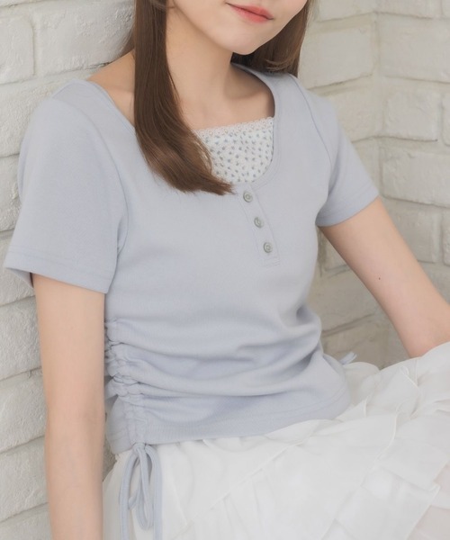 ems excite(エムズエキサイト)の「レイヤード風ドロストTEE(Tシャツ/カットソー・レディース・ピンク/ブルー/オフホワイト・FREE)」の2枚目の写真