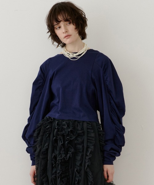 LA BELLE ETUDE(ラベルエチュード)の「ボリュームデザインギャザーTOPS(Tシャツ/カットソー・レディース・ブラック/ライトパープル/ネイビー/ホワイト・FREE)」の4枚目の写真