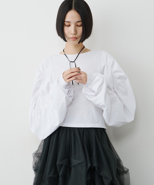 LA BELLE ETUDE(ラベルエチュード)の「ボリュームデザインギャザーTOPS(Tシャツ/カットソー・レディース・ブラック/ライトパープル/ネイビー/ホワイト・FREE)」の9枚目の写真