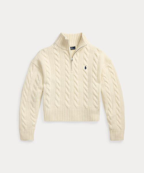 【ロゴ刺繍】 POLO ラルフローレン ハーフジップ ニット セーター ベージュ ケーブル ウールカシミヤ ハーフジップ セーター(ニット