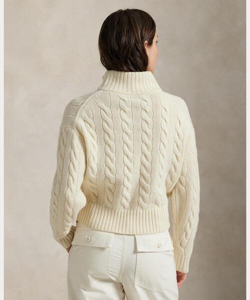 Polo Ralph Lauren ホワイト ケーブルニット S ハーフジップ ケーブル ウールカシミヤ ハーフジップ セーター(ニット