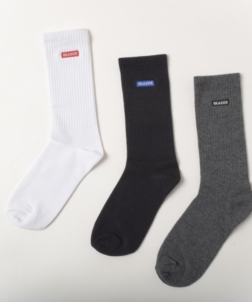GLAZOS(グラソス)の「【大人向けサイズあり】クルー丈BOXロゴ刺繍ソックス3足セット(ソックス/靴下・キッズ・カラフル/ブラック・25-27CM/22-24cm)」の1枚目の写真