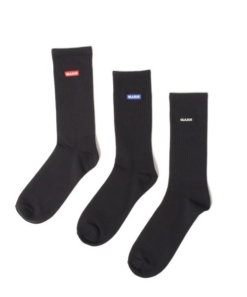 GLAZOS(グラソス)の「【大人向けサイズあり】クルー丈BOXロゴ刺繍ソックス3足セット(ソックス/靴下・キッズ・カラフル/ブラック・25-27CM/22-24cm)」の2枚目の写真