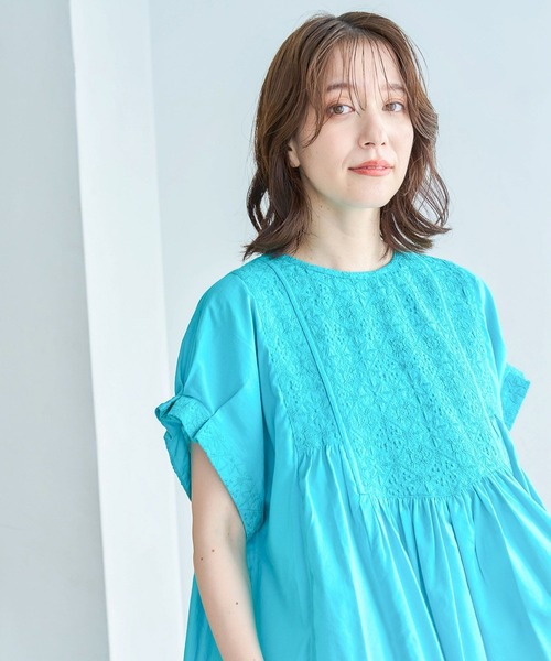 セール】フロント刺繍ハーフスリーブブラウス（シャツ/ブラウス