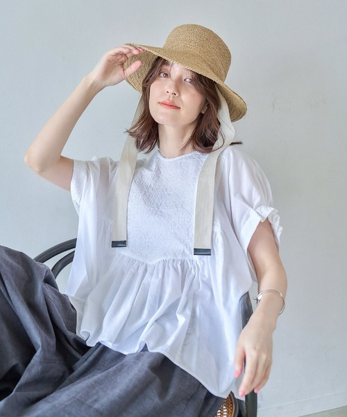 セール】フロント刺繍ハーフスリーブブラウス（シャツ/ブラウス