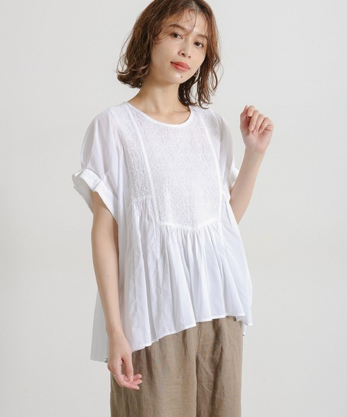 フロント刺繍ハーフスリーブブラウス（シャツ/ブラウス