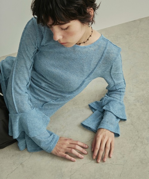 LOSCa(ロスカ)の「ラッフルスリーブカットソートップス(Tシャツ/カットソー・レディース・アイボリー/ブルー/ブラウン/ブラック・FREE)」の6枚目の写真