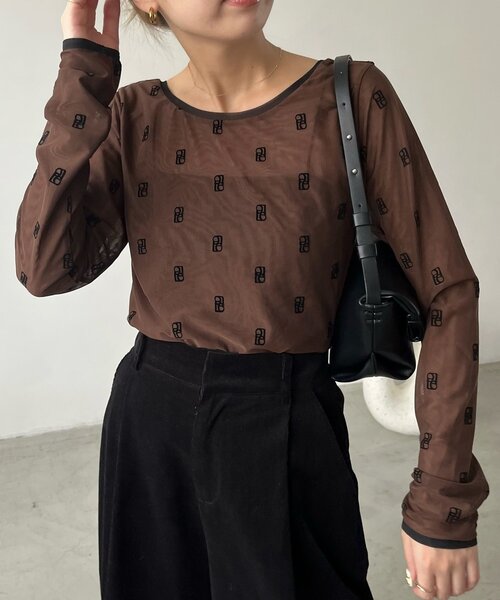 CAPRICIEUX LE'MAGE（カプリシューレマージュ）の「【前後2WAY】2WAYモノグラムシアーTシャツ（Tシャツ/カットソー・レディース・ベージュ/ブラウン・FREE）」の22枚目の写真