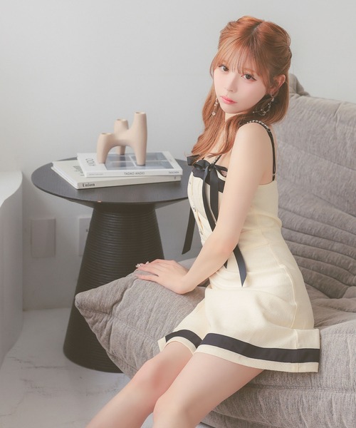 Tika（ティカ）の「キャバドレス ミニ フレア ツイード キャミソール ノースリーブ パイピング リボンドレス キャバワンピ（ドレス・レディース・ブラック/アイボリー・L/XL/M/S）」の12枚目の写真