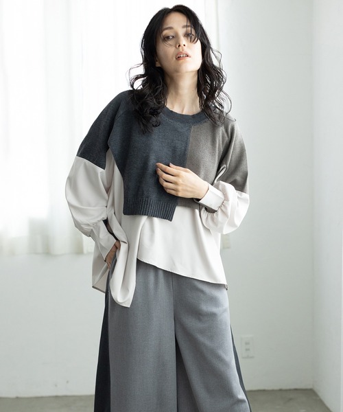 OSMOSIS（オズモーシス）の「切替レイヤードニットプルオーバー（ニット/セーター・レディース・ブラック/ベージュ/チャコール・ONE SIZE）」の2枚目の写真