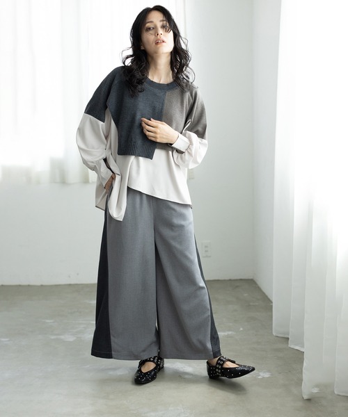 OSMOSIS（オズモーシス）の「切替レイヤードニットプルオーバー（ニット/セーター・レディース・ブラック/ベージュ/チャコール・ONE SIZE）」の4枚目の写真