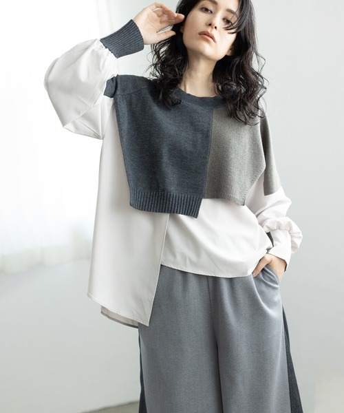 OSMOSIS（オズモーシス）の「切替レイヤードニットプルオーバー（ニット/セーター・レディース・ブラック/ベージュ/チャコール・ONE SIZE）」の8枚目の写真