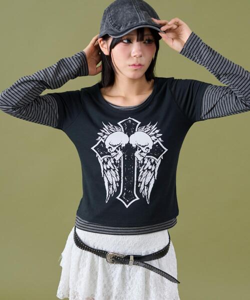 dispark（ディスパーク）の「DISPARK/フェイクレイヤードグラッフィックトップ（Tシャツ/カットソー・レディース・ブラック/ホワイト・FREE）」の2枚目の写真