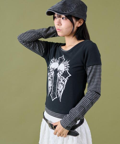 dispark（ディスパーク）の「DISPARK/フェイクレイヤードグラッフィックトップ（Tシャツ/カットソー・レディース・ブラック/ホワイト・FREE）」の6枚目の写真