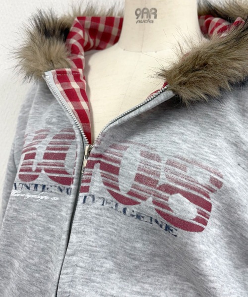 セール】裏チェック柄ファーフードジップアップパーカー（パーカー